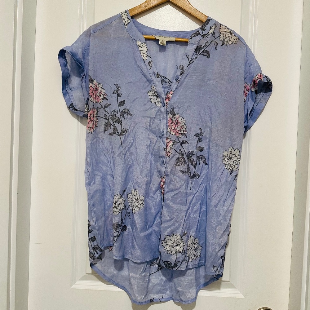 Urbanology Sheer Floral Button-Up Blouse in Light Blue Purple Women’s Large